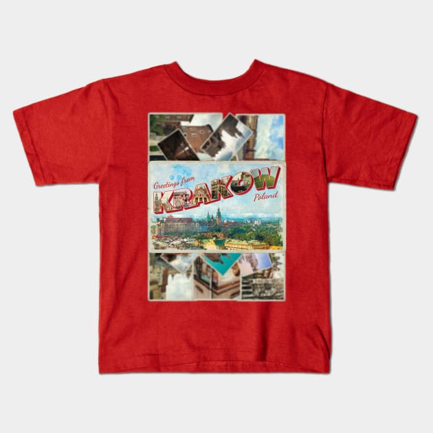 Greetings from Krakow in Poland Vintage style retro souvenir Kids T-Shirt by DesignerPropo